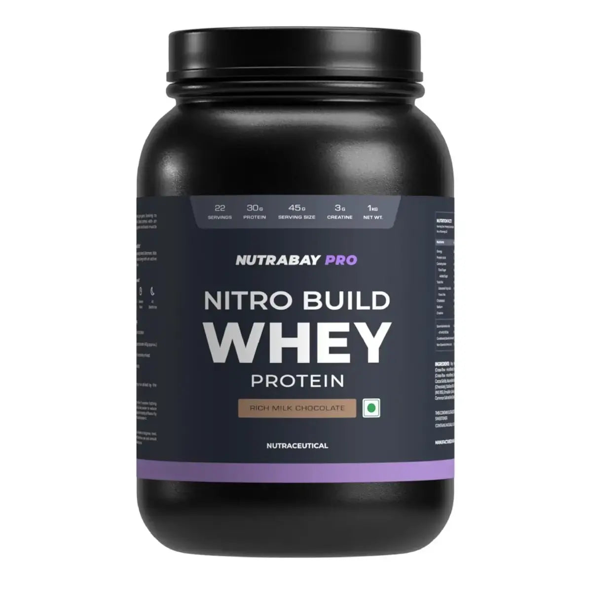 Nutrabay Pro Nitro Build Whey Protein Powder - 1kg, Milk Chocolate | 30g Protein, 3g Creatine, 6.6g BCAA | Easy to Diges