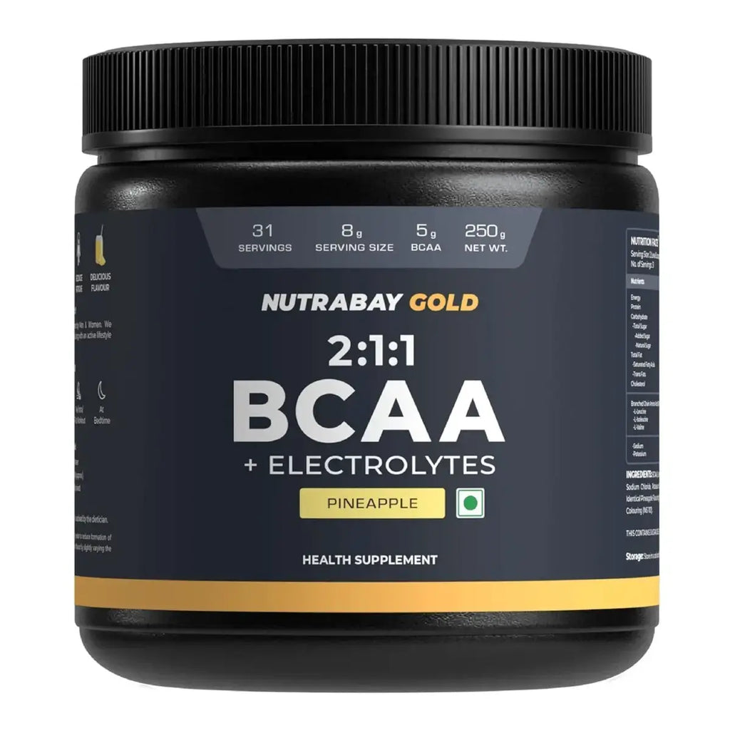 Nutrabay Gold BCAA 2:1:1 with Electrolytes - 5g Vegan BCAAs, Pre/Post Workout Energy Drink - 250g