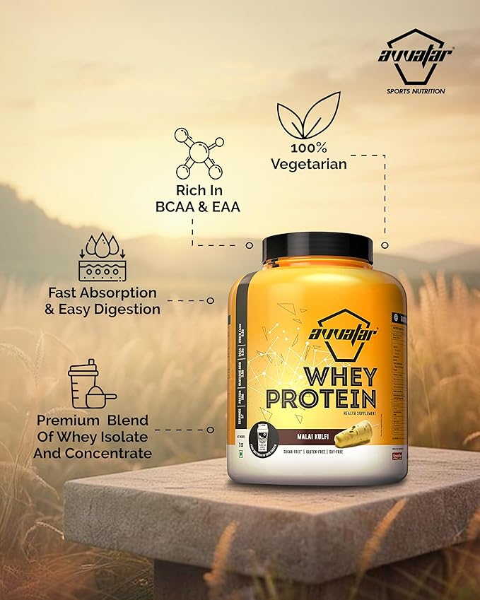 Avvatar WHEY PROTEIN | 2Kg | Malai Kulfi Flavour | 28g Protein | 57 Servings | Isolate & Concentrate Blend