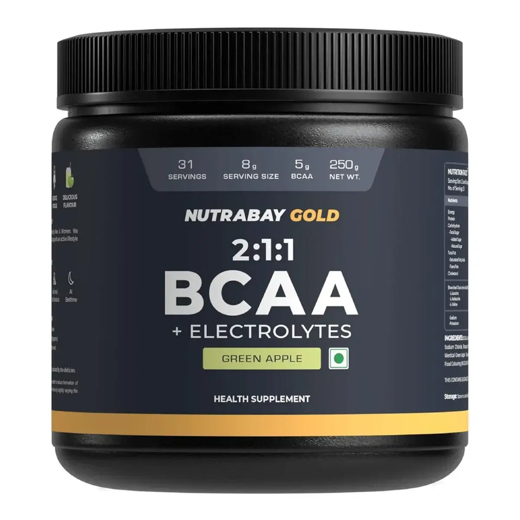Nutrabay Gold BCAA 2:1:1 with Electrolytes - 5g Vegan BCAAs, Pre/Post Workout Energy Drink - 250g