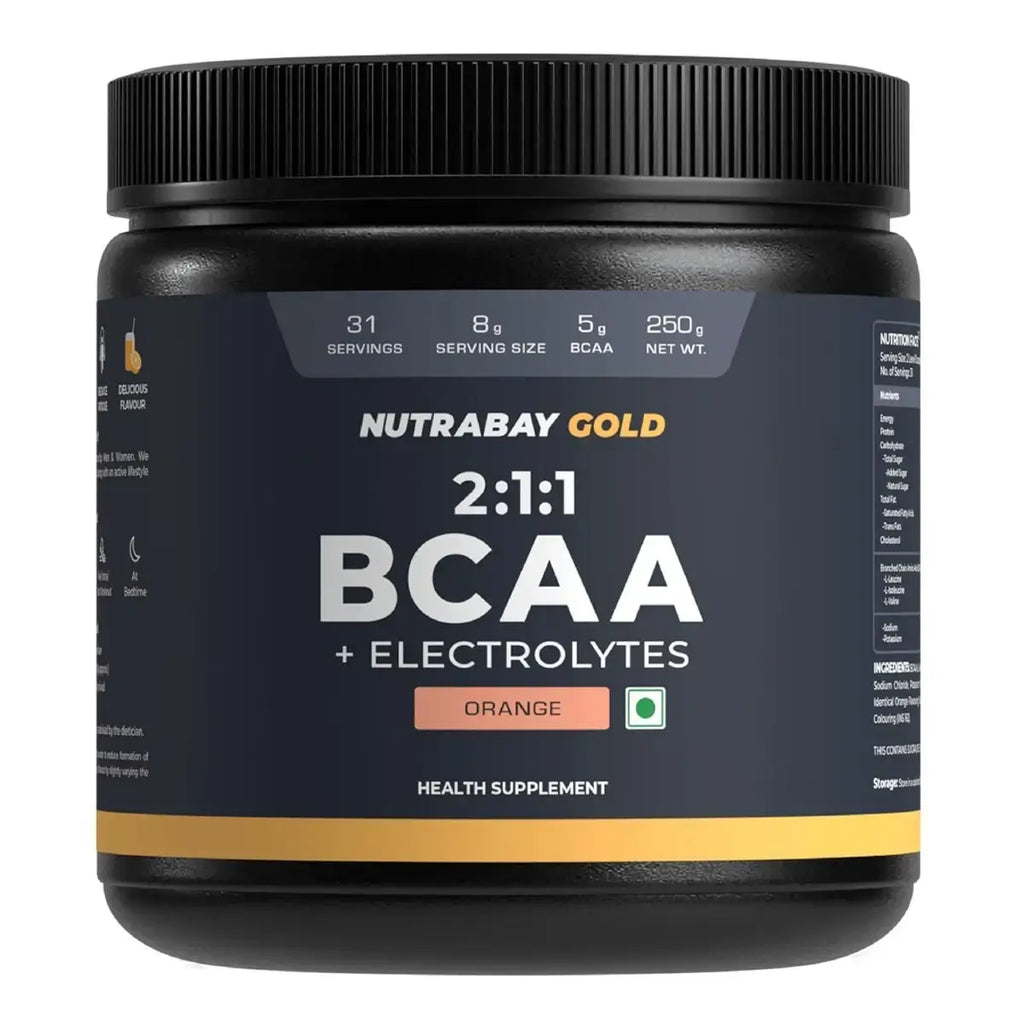 Nutrabay Gold BCAA 2:1:1 with Electrolytes - 5g Vegan BCAAs, Pre/Post Workout Energy Drink - 250g
